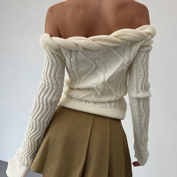 Beige Casual Women's Unique Sexy Twist Knot Off-Shoulder Design Sweater - Picture 2 of 7